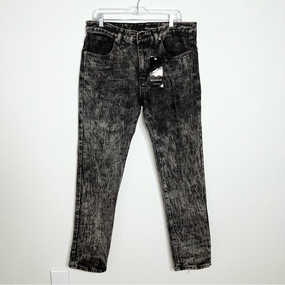 ROCAWEAR Men 36 X 32 Black Acid Wash Slim Straight Jean Rhinestone Studded CLO - Picture 2 of 10
